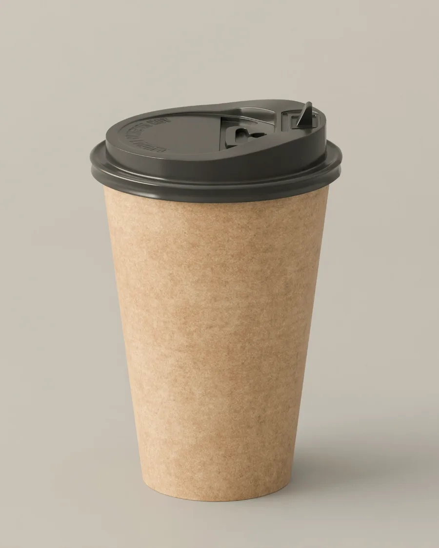 Kaffeebecher aus Kraftpapier mit dunklem Deckel vor grauem Hintergrund